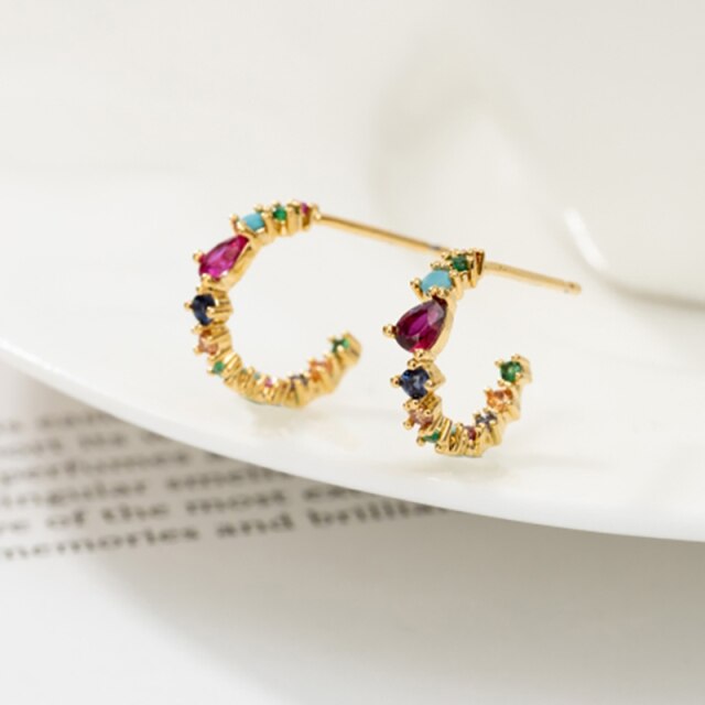 Rainbow Stone Huggie Hoops